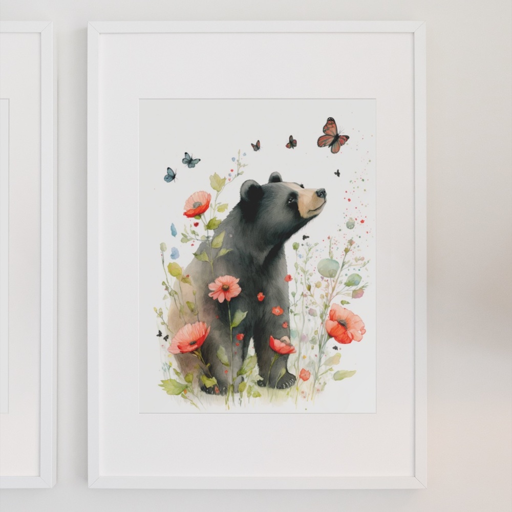 Watercolor Floral Black Bear Portrait Wall Art Illustration Print Unframed - Picture 2 of 6